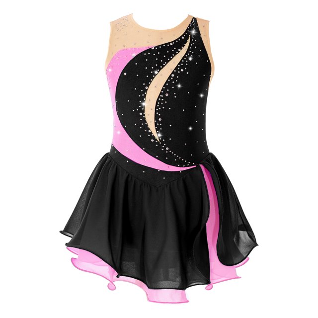 Miaeowve Robe de Patinage Artistique pour Filles Sans Manches avec Strass, Vêtements de Danse Ballet Performance, Noir 10