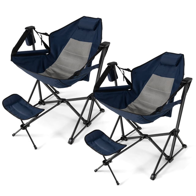 Gymax 2 Pcs Hamac Chaise de Camping avec Repose-Pieds Rétractable et Sac de Transport pour le Camping Bleu Marine