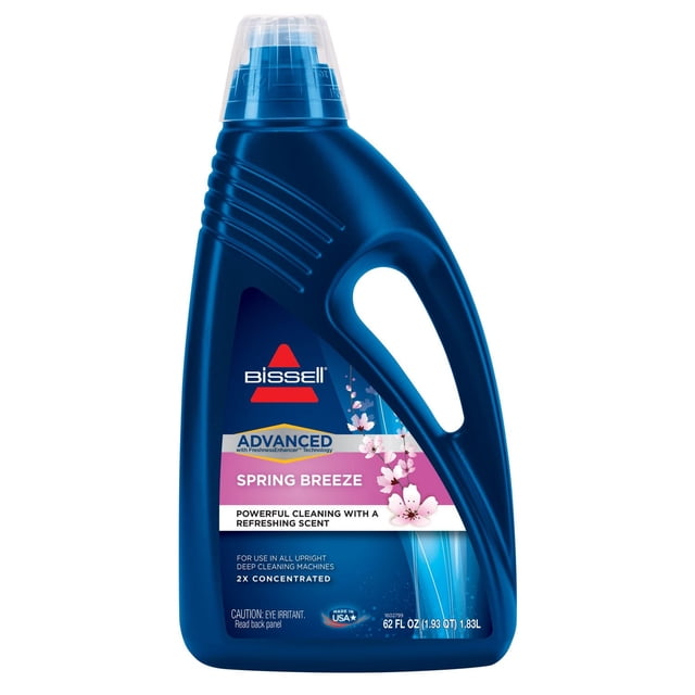 BISSELL Advanced Spring Breeze Formula 62 oz in a blue plastic bottle with ergonomic handle and clear measuring cap, designed for upright deep cleaning machines, featuring a 2X concentrated formula that removes deep dirt and odors with a fresh spring breeze scent.