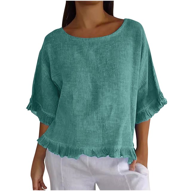 Plebaso T-Shirts en Coton et Lin pour Femmes à Manches à Volants, Col Ras du Cou, T-Shirts Unis Légers, Hauts