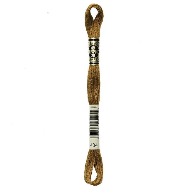 DMC Brown Cotton 6 Strand Floss 8m in a looped skein with gold-brown color, wrapped with branded paper bands showing product details and barcode, made from 100% long staple Egyptian cotton, suitable for cross-stitch, embroidery, needlepoint, and smocking.