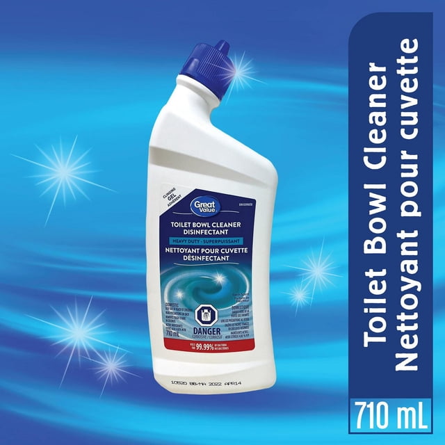 Great Value Fresh Scent Toilet Bowl Cleaner Disinfectant in a white 710 mL angled bottle with blue cap, featuring a clinging gel formula that kills 99.9% of bacteria and removes tough stains, shown on a blue background with sparkle effects.