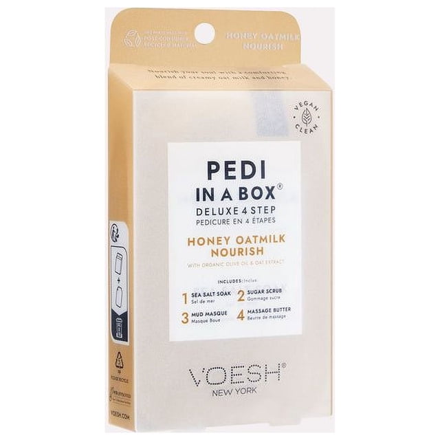 VOESH Pedi In A Box 4 Step - Honey Oatmilk Nourish, a pedicure kit with sea salt soak, sugar scrub, mud masque, and massage butter for nourishing and moisturizing feet. Packaged in a beige box with vegan clean certification and clear product details.