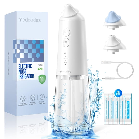 Medcodes Nasal Irrigation System, Cordless Pulsating Sinus Rinse Bottle, Nasal Rinse Machine for Sinus Relief & Nasal Care, Electric Neti Pot Nose Cleaner with 30 Salt P