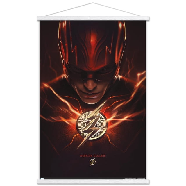DC Comics Movie The Flash - The Flash One Sheet Wall Poster, 22.375" x 34" displaying The Flash's red suit with a metallic gold lightning bolt emblem glowing with orange energy streaks on a dark background and the text 'Worlds Collide' below, suitable for decorating bedrooms, offices, or dorm rooms.