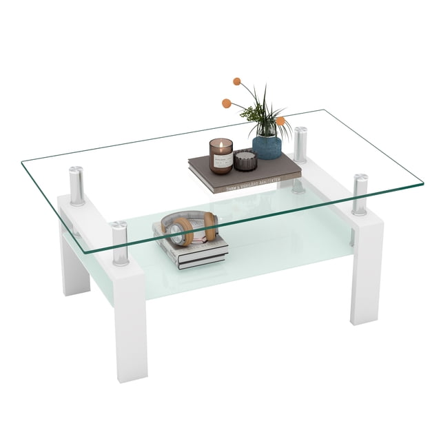 Rectangle Glass Coffee Table, Clear Coffee Table, Modern Side Center Tables for Living Room, Living Room Furniture,white