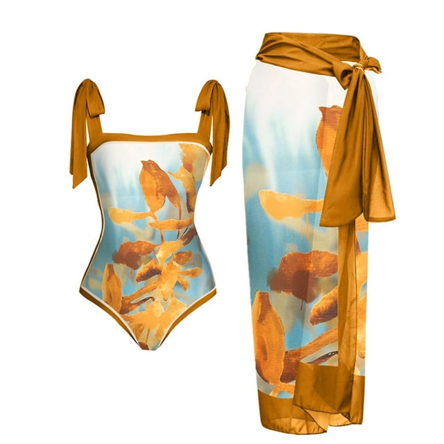 Maillot de Bain une Pièce pour Femmes avec Jupe de Plage Paréo Imprimé Floral Rétro Ensemble Bikini Deux Pièces