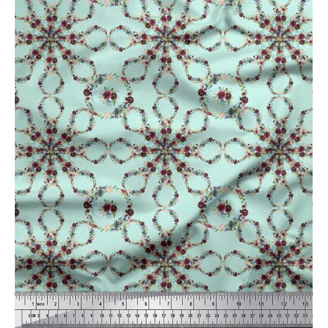 Soimoi Green Poly Georgette Fabric Floral Wreath Geometric Print Fabric by the Yard 52 Inch Wide
