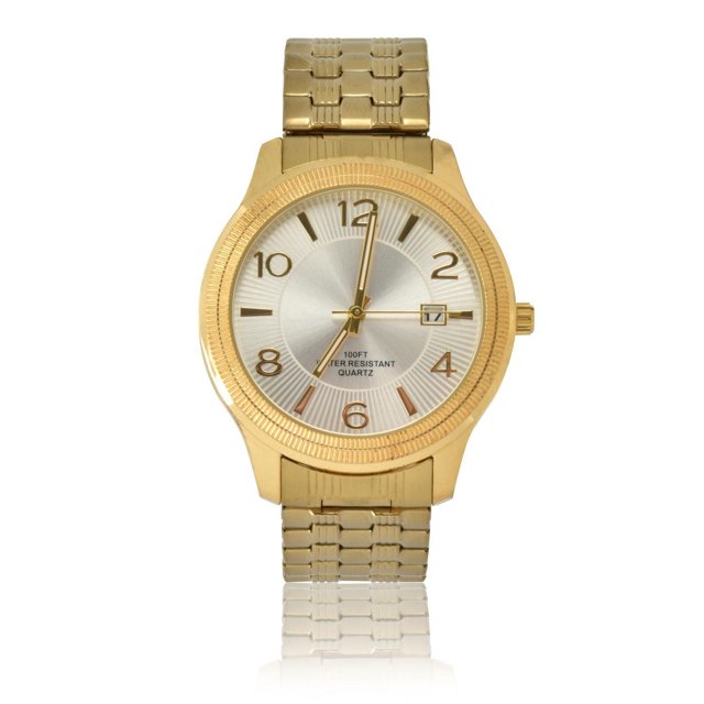 Montre d'Extension pour Homme Classics à Ton Or avec Boîtier en Acier Inoxydable Ton Or de 40 mm et bracelet d'Extension Offrant des Finitions Brossées et Polies. le Cadran Rayon de Soleil Argenté Montre des Marqueurs Dorés, des Chiffres, un Guichet date à 3 Heures, et un Mouvement à quartz pour une Mesure Précise de l'Heure.