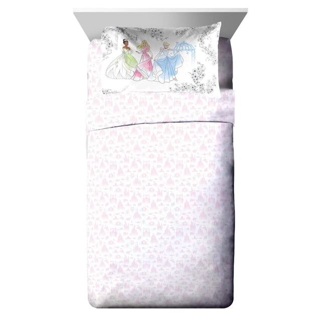 Disney Princess 'Floral Garden' kids 3-piece twin sheet set made of soft 100% polyester, including fitted sheet, flat sheet, and pillowcase. The pillowcase shows three Disney Princesses in pastel dresses with floral accents, and the sheets feature a subtle pink pattern of castles and flowers, suitable for children's bedding.