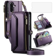 Asuwish Compatible with Samsung Galaxy A17 5G Zipper Wallet Phone Case Tempered Glass Screen Protector Crossbody Lanyard Strap Flip Card Holder Slot Cell Cover for A 17 17A G5 Women Girls Purple