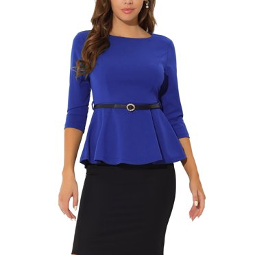 INSPIRE CHIC Peplum Tops for Women's 3/4 Sleeve Teacher Belted Elegant Business Work Blouse S Blue
