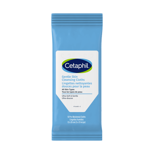Cetaphil Gentle Skin Cleansing Cloths, 10 Count, blue resealable pack with white label featuring the Cetaphil logo and bilingual text, containing ultra-soft, pre-moistened cloths sized 12 x 20 cm for gentle cleansing of face, hands, and body, suitable for all skin types and sensitive skin.