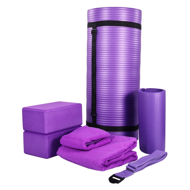 BalanceFrom Ensemble Complet de Yoga 7 Pcs avec Tapis Extra Épais 71” x 24” x 1”, Violet