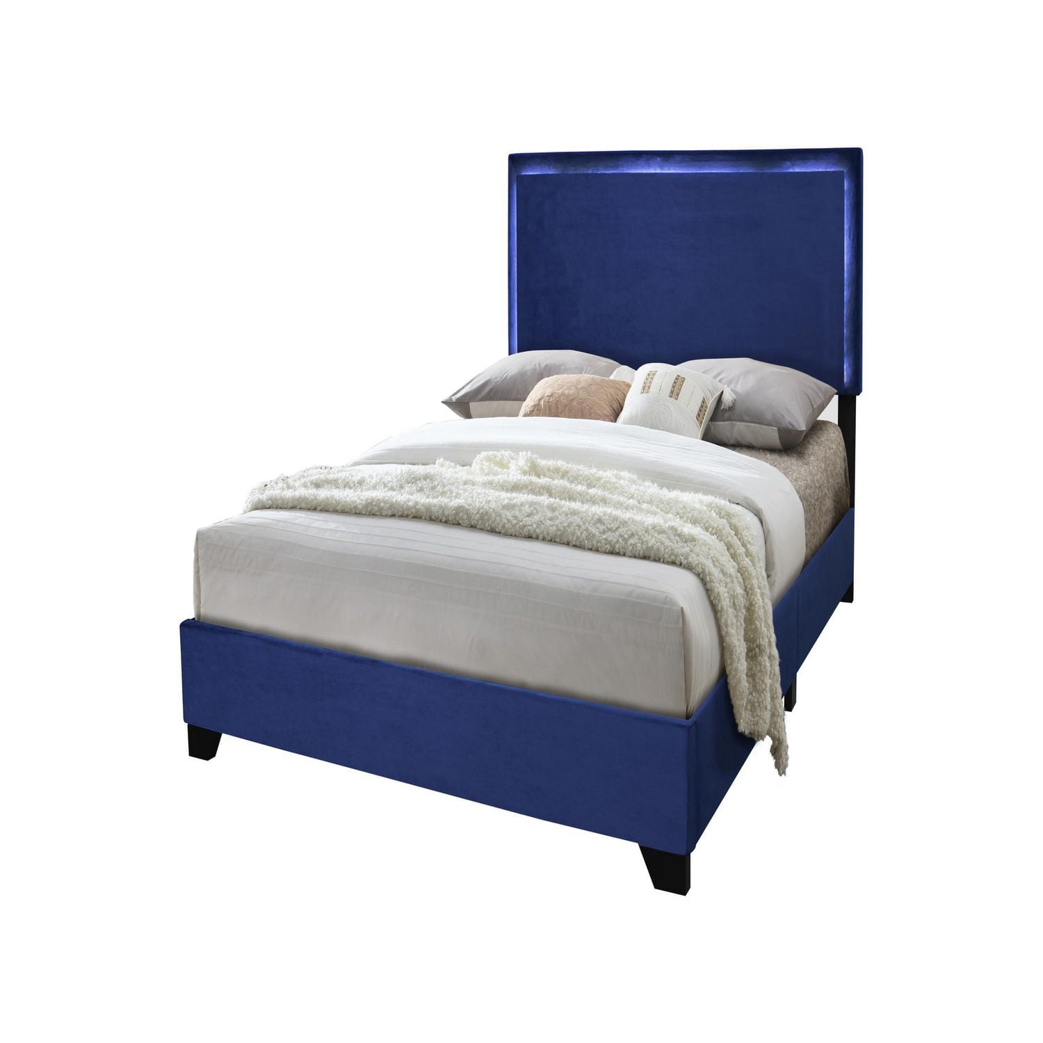 Cadre de lit plateforme double Aerys avec lumières DEL, velours bleu