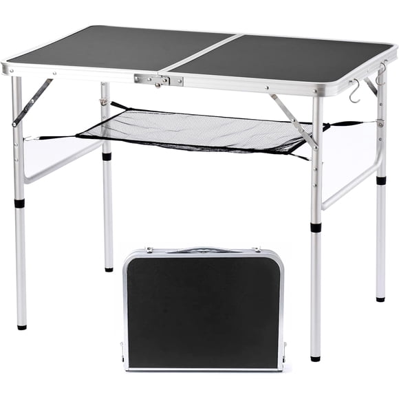Belmora Small Folding Table Portable, 24''L x16''W Foldable Camp Table with 3 Adjustable Height, Indoor Outdoor Lightweight Aluminum Table for Outdoor Cooking Picnic, (Black 2 Heights)