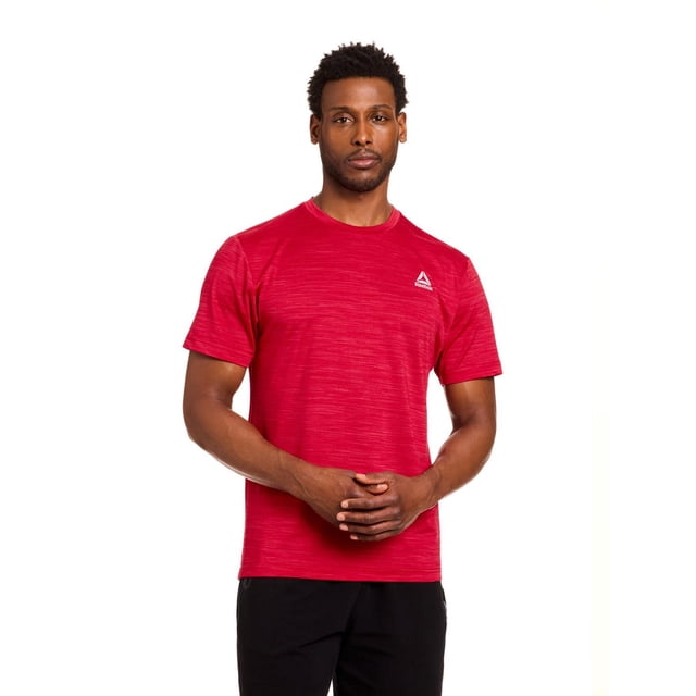 Reebok Men's Stride Performance Short Sleeve Tee in red heather quick-dry polyester blend with a crew neck and short sleeves, fitted to support the upper torso with a relaxed midsection fit, featuring a small white Reebok Delta logo on the left chest, shown front-facing with black athletic pants, suitable for high endurance workouts.