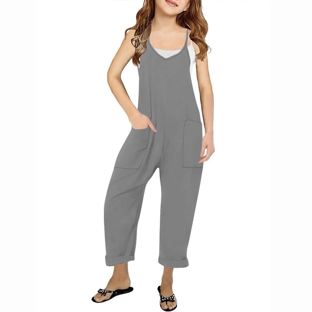Full Length Pants Overalls, Girls Casual Jumpsuits Sleeveless Summer Rompers Long Pants With Pockets For 5-14 Years