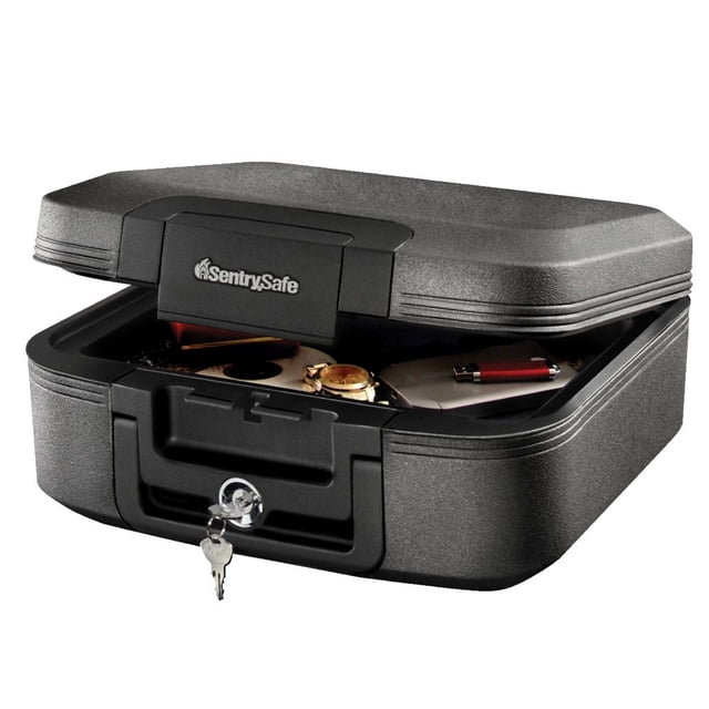 Sentry®Safe Fire/Water Chest #CHW20101 in grey with textured finish, partially open showing valuables inside including a wristwatch, USB drive, and documents, secured by a privacy key lock with keys inserted and a carrying handle, ideal for document protection and water-resistant storage.