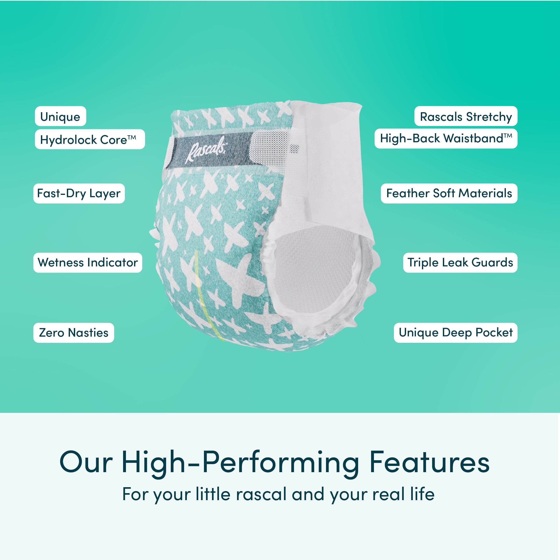Rascals Premium Absorbent Baby Diapers, Size 6, Small Carton, 44 Count