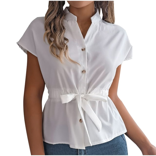 Yuyuzo Blouses for Women Dressy Casaul Cap Sleeve Button down Work Shirts Drawstring Waisted Ruffle Hem Business Office Top