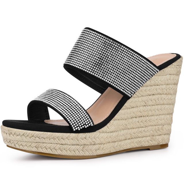 BLISSFUL STEP Platform Rhinestones Espadrille Black Wedge Sandals for Women 7 M US