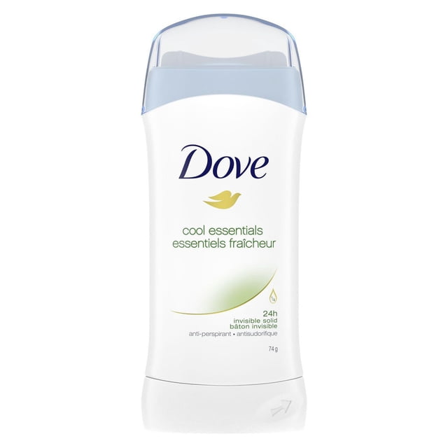 Dove Antiperspirant Stick Cool Essentials for Women with 24-hour invisible solid protection and underarm sweat and odour defence, in a white curved container with a translucent light blue cap and the Dove logo in navy and gold.