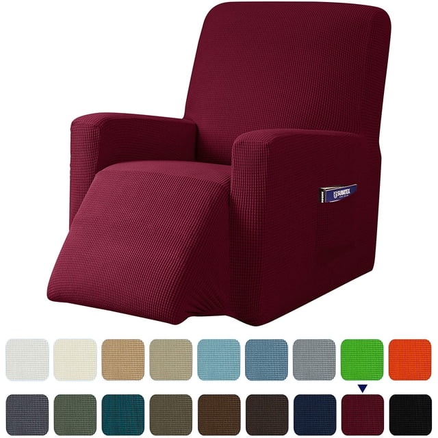 Subrtex Housse Extensible pour Fauteuil Inclinable 1 Pce en Motif Quadrillé Texturé, Montrée en Couleur Bordeaux Profond. la Housse Comprend une Poche Latérale pour le Rangement et un Ajustement Serré avec des Coins Élastiqués. Comprend une palette de Couleurs de 16 options Conviviales pour la Déco Affichées sous la Chaise. Fabriquée en 85 % polyester et 15 % Élasthanne, Elle Est Douce, durable et Lavable à la machine. Conçue pour Protéger les Fauteuils Inclinables contre l'Usure, les Déversements et les Taches, Convient aux Largeurs de Dossier de 24-32 Pouces