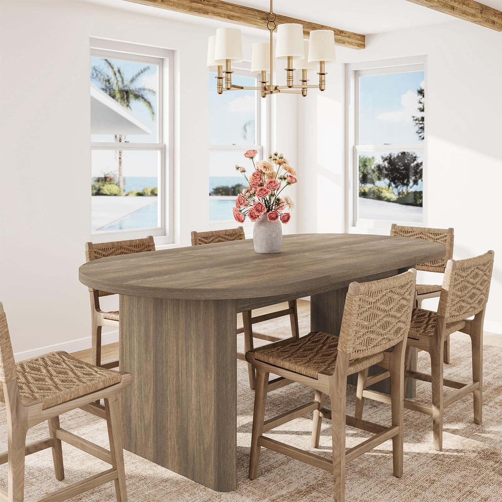 Garvee Oval Farmhouse Dining Table for 6-8 People, Large Long Kitchen Table with Thick Sturdy Wooden Base, for Dining Room, Living Room or Home Office