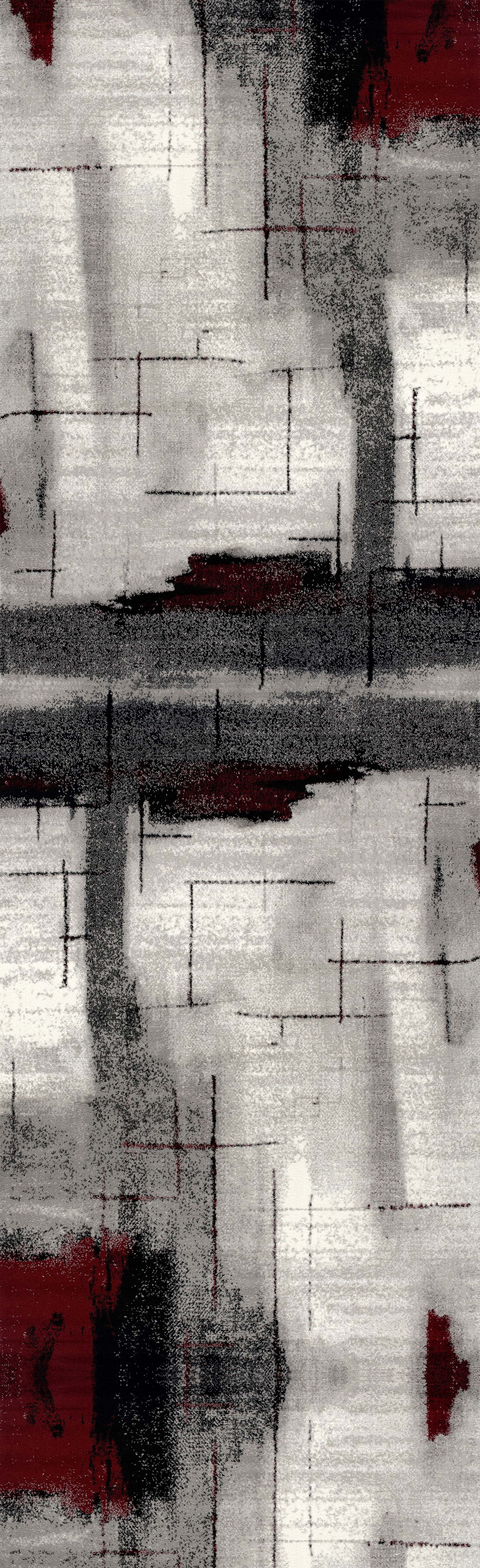 Rug Branch Montage 2' x 9' (Exact Size: 2'3" x 9') Abstract Indoor Runner Rug, Grey Red, Modern - Entryway, Hallway, Bathroom, and Kitchen