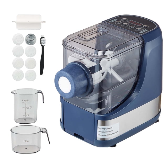 KFFKFF Electric Noodle Machine, a 150W automatic pasta maker with a blue and transparent design, featuring an intuitive control panel and a visible kneading chamber. Includes 8 pasta discs for various shapes, a cleaning brush, a spatula, and measuring cups for flour and liquid. Designed to hold up to 500g of flour and equipped with 4 smart settings for effortless pasta crafting. Accessories are displayed alongside the machine.