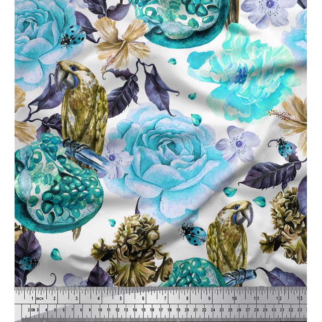 Soimoi Polyester Crepe Fabric Parrot,Pomegranate & Rose Flower Fabric Prints by Yard 52 Inch Wide