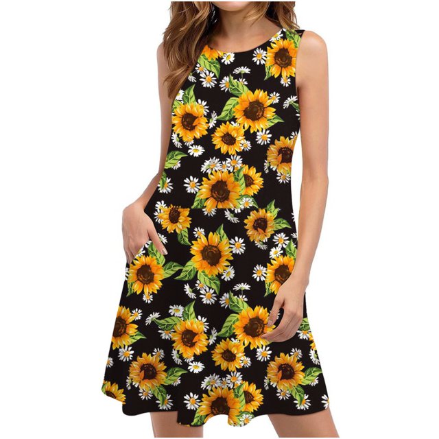 SMihono Robe d'Été Grande Taille pour Femmes 2023 Robes d'Été pour Femmes Plage T-Shirt Floral Robe Soleil Décontractée Poches Robe Bohème à Bretelles