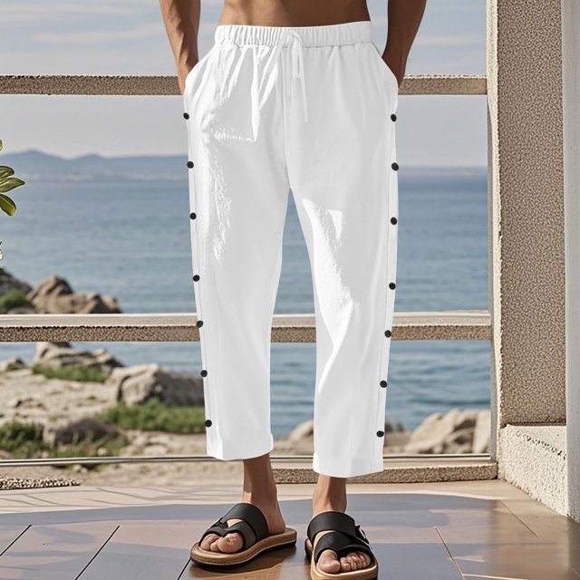 FcBaudy Full Length Pants Men's Casual Holiday Pocket Drawstring Solid Color Elastic Waist Cropped Pants Men Pants