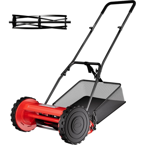 14 Inch 5-Blade Manual Push Reel Lawn Mower with Removable Grass Catcher Walk-Behind Adjustable Height Hand Mower Cordless and Eco-Friendly for Yard and Driveway
