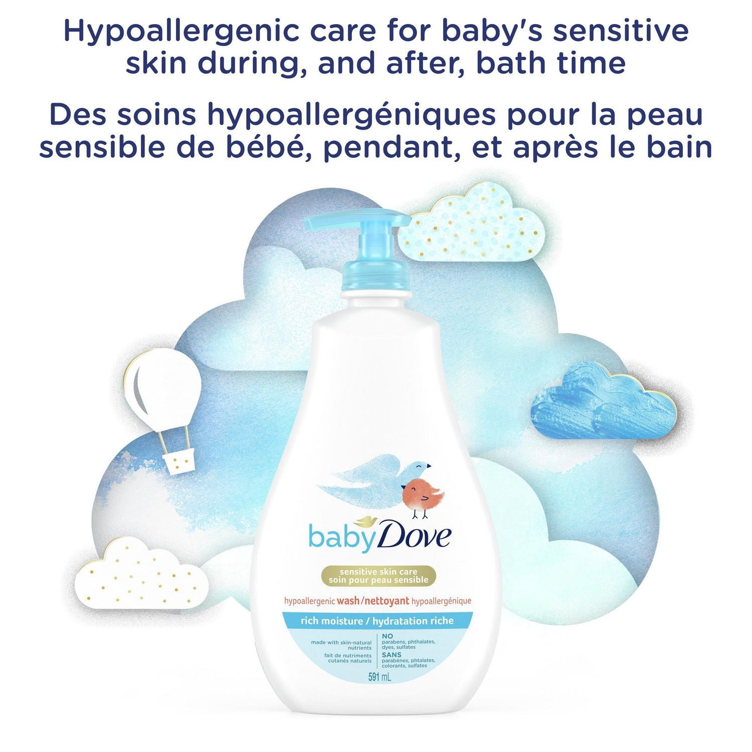 Baby Dove Hypoallergenic Wash Sensitive Skin Care Rich Moisture, 591 ml
