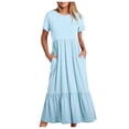 thumbnail image 1 of Meichang Robes d'Été pour Femmes 2024 Robes Midi à Oeillets Volants à Étages Col Ras du Cou Manches Courtes Robes avec Poches Couleur Unie Fluides Robes de Plage Bleu G, 1 of 5