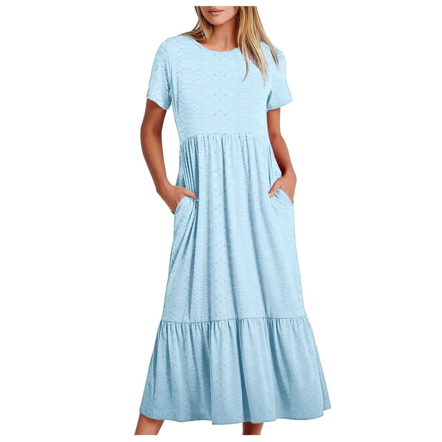 Meichang Robes d'Été pour Femmes 2024 Robes Midi à Oeillets Volants à Étages Col Ras du Cou Manches Courtes Robes avec Poches Couleur Unie Fluides Robes de Plage Bleu G