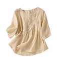 thumbnail image 1 of Timegard Hauts en Coton et Lin pour Femmes Manches 3/4 Col Rond Blouse Froncée Brodée Décontractée Ample, 1 of 7