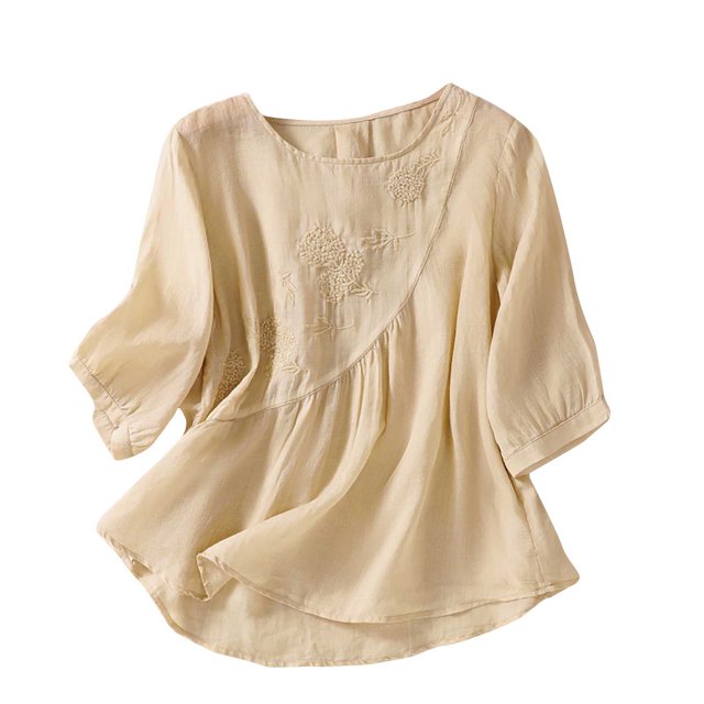 Timegard Hauts en Coton et Lin pour Femmes Manches 3/4 Col Rond Blouse Froncée Brodée Décontractée Ample