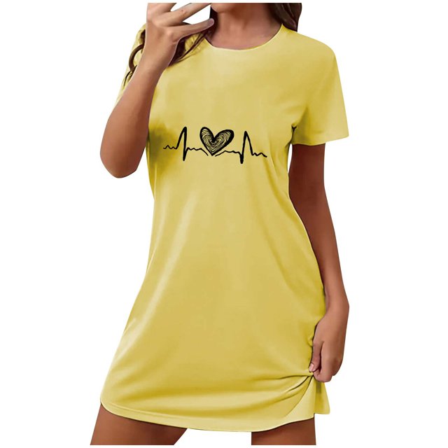 Rbaofujie Chemise de Nuit pour Femme Chemise de Nuit Courte Surdimensionnée pour Femme Robe Imprimée à Col Rond et Manches Courtes Vêtement de Nuit pour Femme