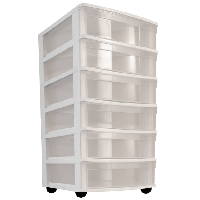 Gracious Living 6 Drawer Cart White with Clear Drawers front-facing mobile storage cart with white resin frame and six clear glide drawers, removable castors and smooth wheels shown, flat top shelf for supplies; often used as a craft or office organization cart.