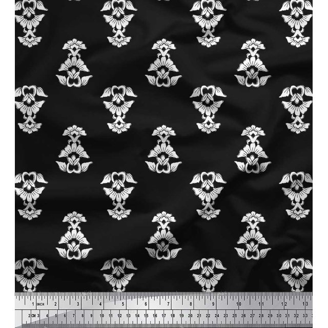 Soimoi Polyester Crepe Fabric Leaves & Floral Block Decor Fabric Printed Yard 42 Inch Wide
