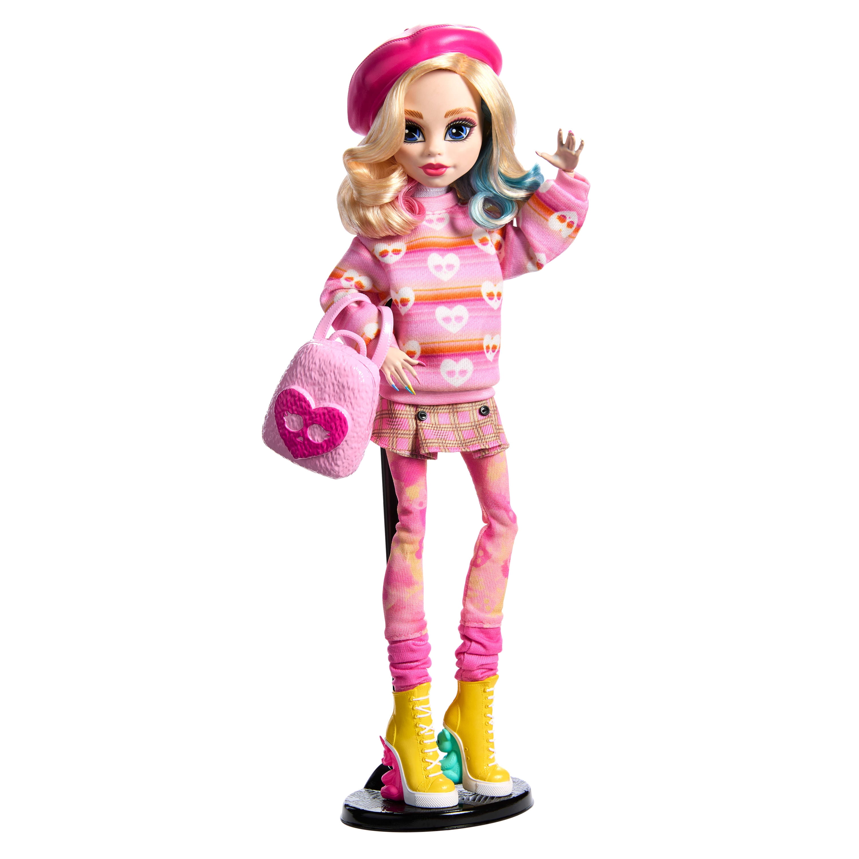 Monster High Enid Sinclair Poupée à collectionner dans une tenue rose avec béret et sac à dos, socle pour poupée
