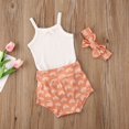 thumbnail image 4 of Infant Baby Girls Summer Suit Set Knitted Suspender Romper Top+Print Short Pants +Headband 3PCS Outfit, 4 of 5