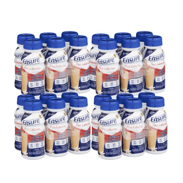 Ensure Plus Calories Supplement, Vanilla flavor, 235mL bottles in a case of 24 units. Each bottle features a blue cap and a label emphasizing its high-calorie density (1.51Cal) and protein content, suitable as a meal replacement shake for weight maintenance or gain. Kosher and gluten-free.