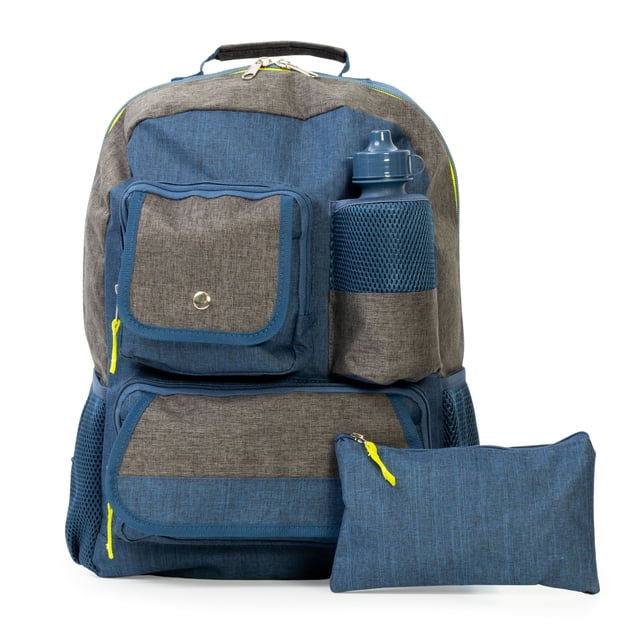Jetstream 3pcs Back Pack Set with a blue and grey polyester kids school backpack featuring multiple zippered pockets, padded adjustable straps, a side mesh pocket holding a matching blue water bottle, and a blue pencil case with a yellow zipper pull, ideal for organized school storage.