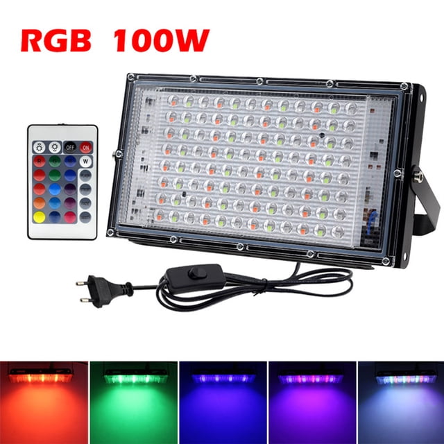 Led Floodlight with Remote Control, featuring a colorful RGB lighting system and a 100W power output. The floodlight has a durable aluminum and plastic housing, IP65 weather resistance, and a beam angle of 120 degrees. Includes a remote control for easy operation and a European plug. Suitable for outdoor use in courtyards, parks, and landscapes.