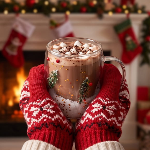 Christmas Double Walled Glass Mug, Festive Insulated Cup with Handle for Hot Cocoa, Coffee, Tea -