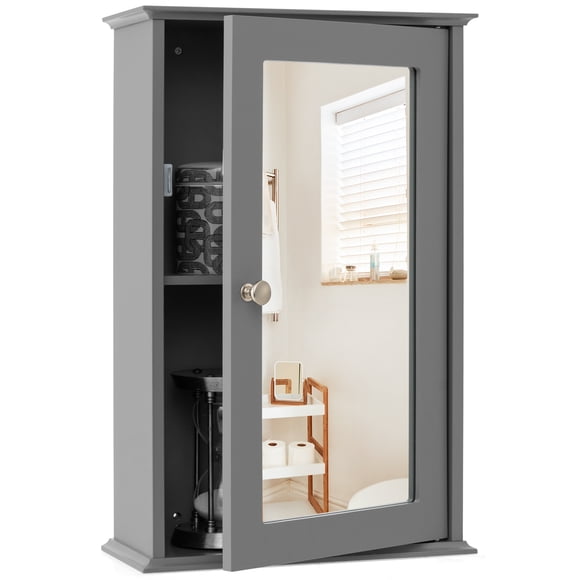 Costway Bathroom Wall Cabinet Single Mirror Door Cupboard Storage Wood Shelf Grey
